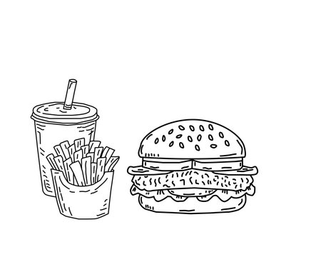 chicken burger combo, combo meal illustration, fast food set, burger fries soda, takeaway meal, junk food combo, hand drawn fast food, doodle food illustration, crispy chicken burger, french fries ske