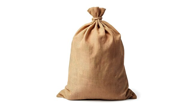 Large Brown Burlap Sack Tied with Rope Isolated on White Background