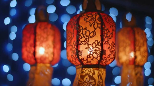Vibrant red traditional lanterns with intricate patterns glowing warmly, illuminating a festive night scene against a sparkling bokeh backdrop, evoking a serene and cultural ambiance