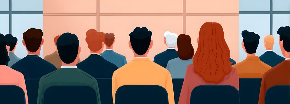 Audience Attentive: A diverse group of people are seated in a room, facing away from the camera, in what appears to be a presentation or a lecture.