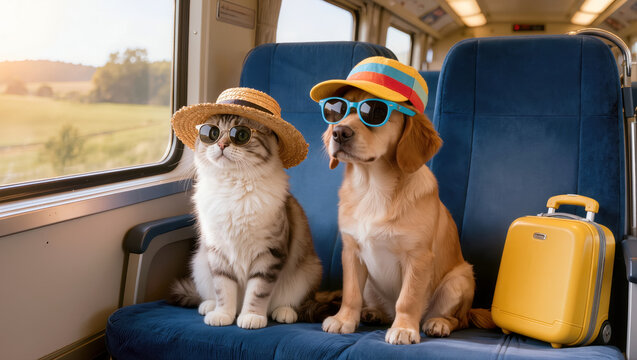 Cat and dog wearing summer hats and sunglasses traveling by train with yellow suitcase in playful vacation concept