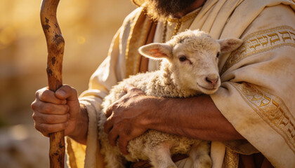 Shepherd with Little Lamb Protect and Serve in Gentle Warm Light
