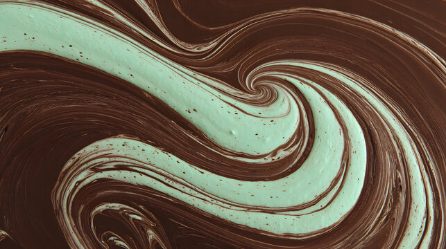 close-up of swirling chocolate and mint cream, blending in rich, vibrant colors. The smooth textures and flowing patterns create a visually appealing and appetizing image ideal for food themes.
