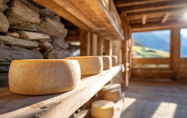 Closeup Eye-Level Shot of Traditional Swiss Cheese Wheels in Scenic Setting