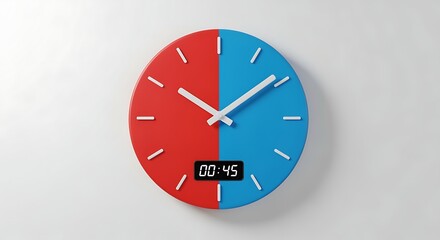 Modern Round Wall Clock with Red and Blue Halves Showing Time and Digital Timer