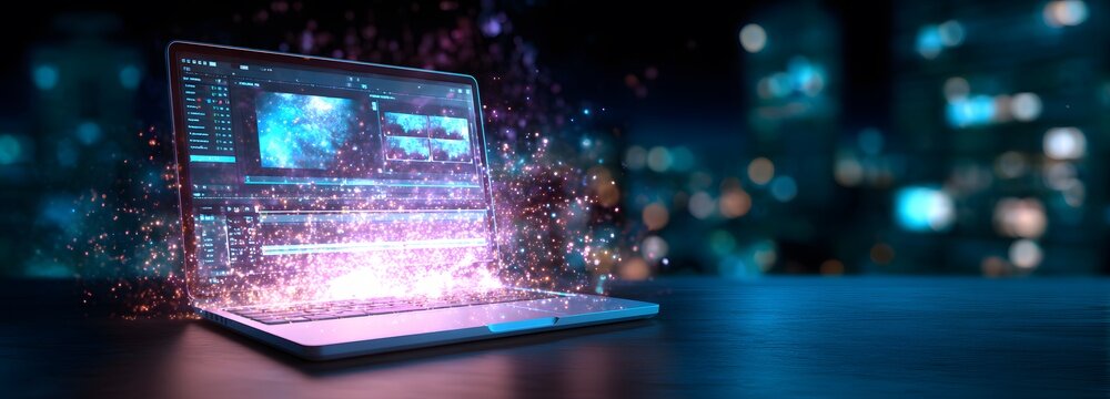 Laptop with Glowing Digital Effect