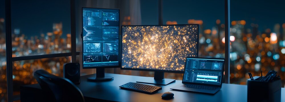 Modern Tech Setup at Night: A professional office workspace featuring multiple computer screens displaying data and abstract visuals, illuminated by the city's glow at night.