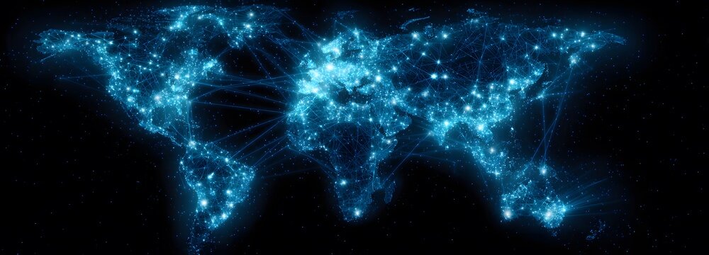 Global Network of Light: A luminous depiction of the Earth, illuminated by a vast network of glowing nodes and connecting lines, symbolizing global connectivity and digital communication.