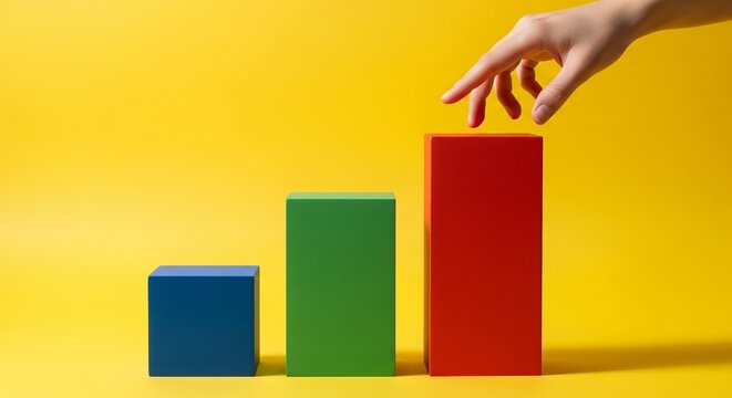 Hand Reaching for Top of Red Bar Chart Blocks, Business Growth Concept, Bright Yellow Background, Studio Photography Mockup