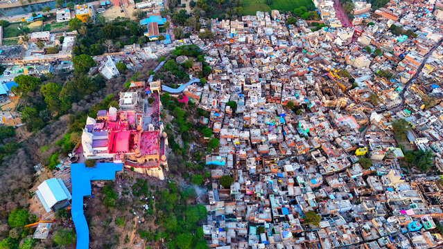 Dramatic Wide Aerial Drone View of Radha Rani Temple and Barsana Village, Uttar Pradesh India