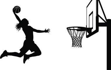 Silhouette of female basketball player jumping for slam dunk, woman athlete scoring point on hoop vector icon for sports posters. © Lija