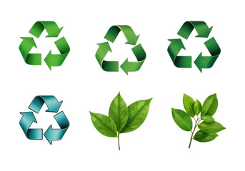 Obraz premium Collection of green and blue recycling symbols alongside realistic green leaves and a leafy branch on transparent background, eco-friendly icons representing sustainability, recycling and nature