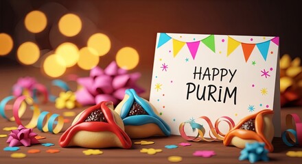 Happy Purim greeting card with colorful hamantaschen cookies and festive decorations on a wooden table with bokeh lights, Jewish holiday celebration.