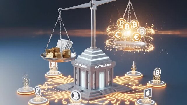 Cryptocurrency vs Traditional Currency - A Digital Scale Balancing Bitcoin, Ethereum, and Fiat Money in a Modern Financial Landscape.
