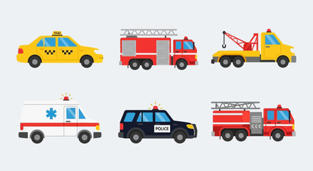 Collection of Emergency Vehicles Including Police Car and Fire Trucks. © Abhinaya Project
