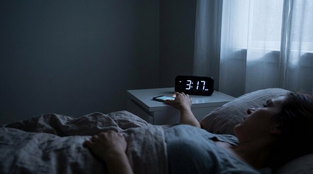 Sleepy young adult man in dark bedroom, reaching to silence digital alarm clock at three seventeen, quiet morning routine mood, insomnia and sleep health concept