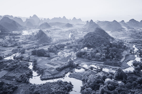 Close up on karst rocks at Wuzhishan Scenic Area after the sunset, Cuiping Village, Guilin, China