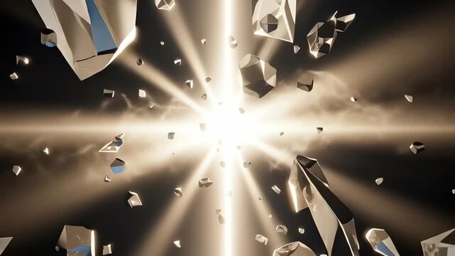 Explosion of Glass Shards with Bright Light Rays and Particles on Dark Background.