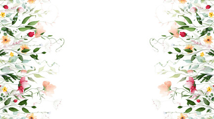 Watercolor floral greenery seamless border frame. Meadow peach poppy, red rose, orange, pink flowers, eucalyptus branches, green leaves, wild herbs. Hand drawn illustration. Artistic template design © satika