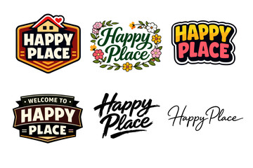 Obraz premium Happy place logos collection: home, floral, bold designs, handwritten styles