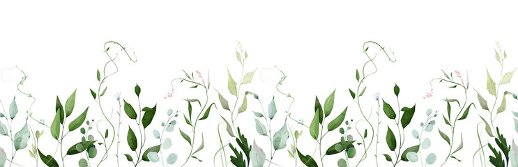 Watercolor greenery seamless border frame. Meadow green herbs, eucalyptus branches, turquoise leaves, olive colour herbs, pink flowers. Hand drawn style illustration. Artistic template design. © satika