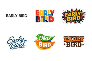 Colorful early bird logo designs featuring creative typography and vibrant bird illustrations
