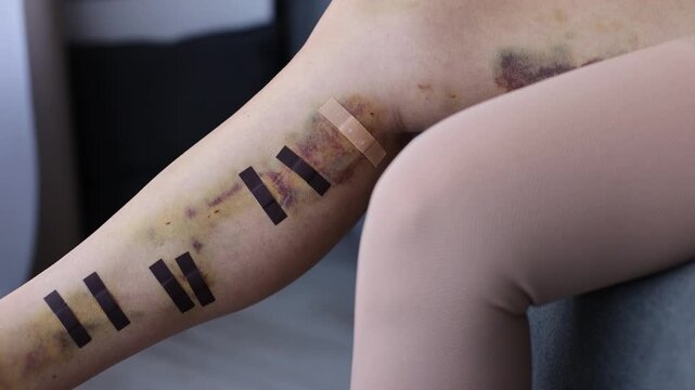 Woman with wounds after invasive vein surgery. Postoperative care. 4K