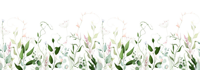 Watercolor greenery seamless border frame. Meadow green herbs, eucalyptus branches, turquoise leaves, olive colour herbs, pink flowers. Hand drawn style illustration. Artistic template design. © satika