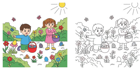 Obraz premium Happy Cartoon Kids on an Easter Egg Hunt in a Flowery Garden - Colorful and Outline Versions for Spring Activities