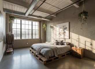Industrial Chic Bedroom with Pallet Bed and Large Window Showing Cityscape at Sunrise Warm Sunlight Illuminates Textured Walls and Hanging Plants