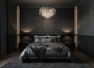 Luxurious Dark Bedroom With Crystal Chandelier And Satin Bedding Warm Ambient Lighting Creates An Elegant And Sophisticated Atmosphere
