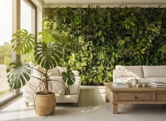 Bright Modern Living Room With Large Vertical Green Wall Garden Sofa And Natural Light From Window