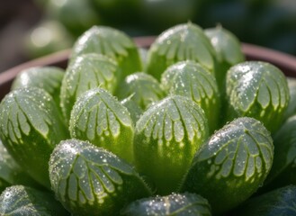 Close Up of a Vibrant Green Succulent Plant with Water Droplets on its Translucent Leaves in Soft Natural Light