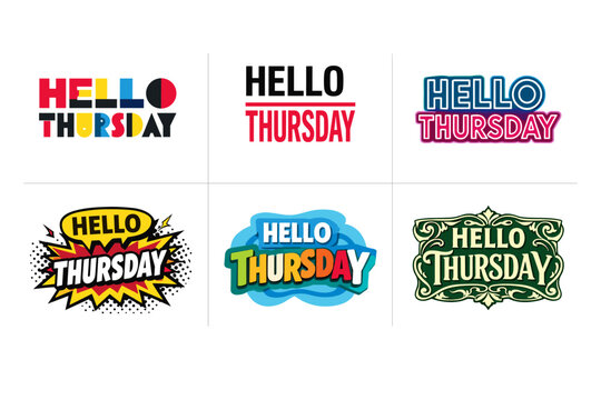 Colorful hello thursday typography designs with bold styles and creative elements