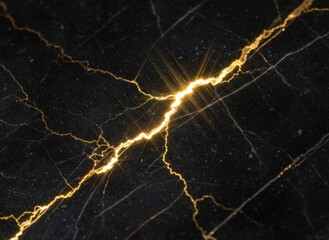 Close up of cracked black marble surface with glowing golden veins and light flares Abstract Texture Background