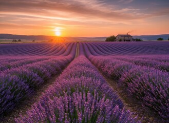 Expansive Lavender Field at Sunset with Distant Farmhouse Under Golden Sky Warm Sunlight Rays Illuminate Rows of Purple Flowers