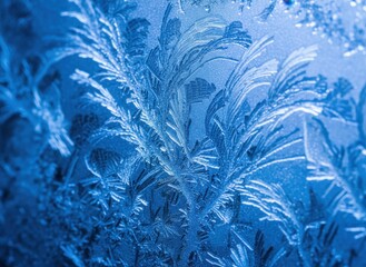 Close Up Of Blue Frost Patterns On A Window Glass With Soft Light Creating A Winter Wonderland Effect