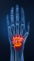 Naklejka premium Radiograph of a hand with highlighted inflammation in the wrist area, blue background