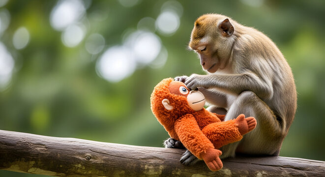 Monkey playing with stuffed animal on branch in natural habitat  
