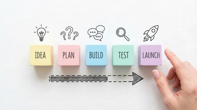 Business process management with blocks for idea plan build test and launch