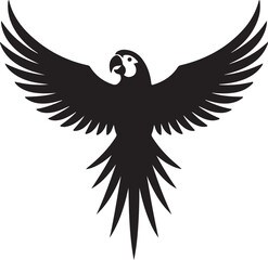Fototapeta premium Silhouette of a parrot flying with outstretched wings, black on white background