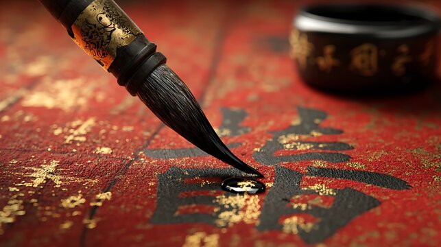 A calligraphy brush writing Chinese characters on red paper with gold accents