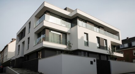 Fototapeta premium Modern architecture, contemporary design and luxury homes in a residential neighborhood with family enjoying outdoor space on balconies overlooking landscaped gardens. Real estate, property and