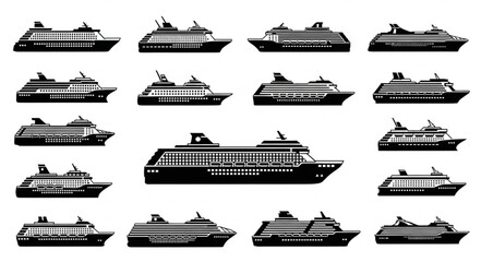 Collection of various cruise ships silhouettes, perfect for travel and maritime themes. © Mila