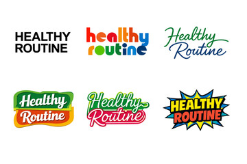 Colorful 'healthy routine' logos in various styles and fonts