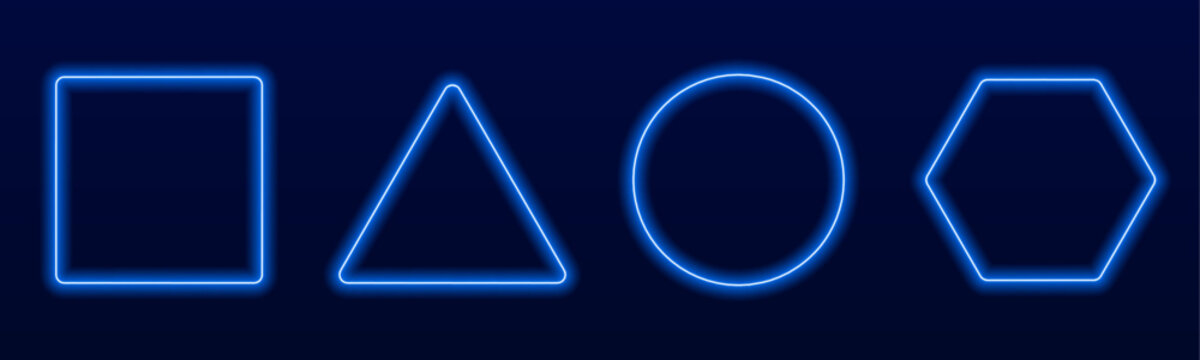 Radiant glowing set of circle, square, triangle, and hexagon frames with soft gradient glow and luminous edges, ideal for modern digital layouts. vector