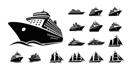 Collection of various ship silhouettes, perfect for maritime design and travel themes. © Mila