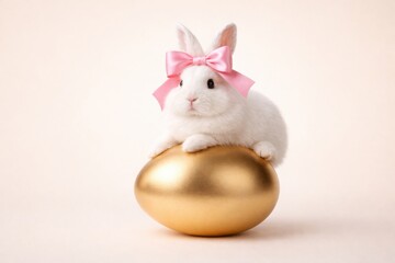 Fototapeta premium Cute white baby rabbit with pink bow sitting on large golden egg over plain beige backdrop