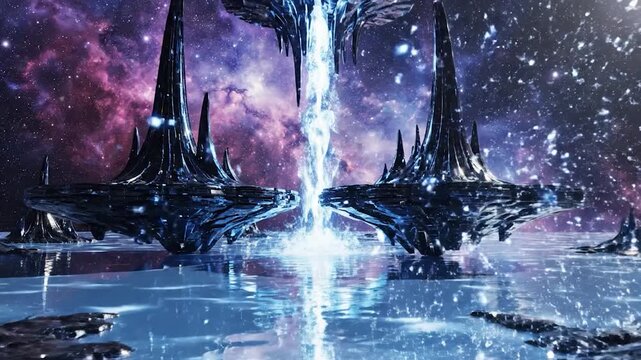Futuristic alien structures emit glowing energy on a reflective water.