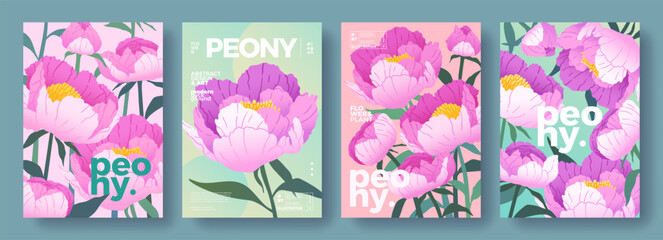 Abstract gradient botanical set of posters with peony flowers. Trendy natural illustrations with spring flowers. Modern design for Mother's Day, Easter, Women's Day, home decorations, cover, card